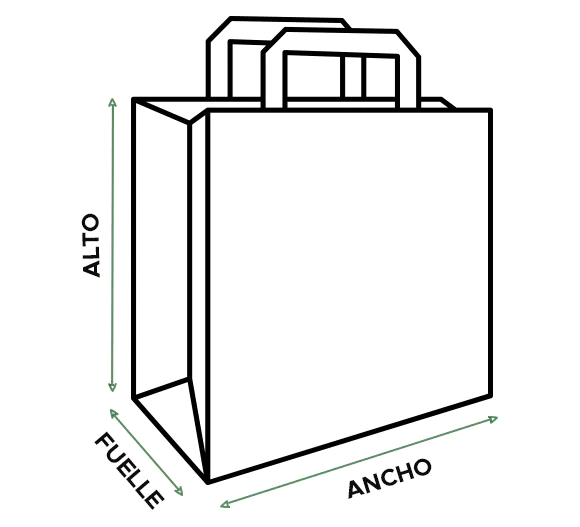 bolsa con asas con detalle de alto, fuelle y ancho